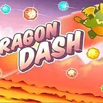 Një dragua i vogël jeshil fluturon në një sfond ngjyrash të ngrohta me xhevahire shumëngjyrëshe dhe titullin Dragon Dash