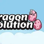 Logo me sfond blu, tekst i madh Dragon Evolution dhe figura të vogla të dragonjve me vezë