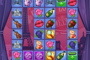 Rreshta ikonash shumëngjyrëshe mbi një sfond të qytetit të Parisit me Kullën Eiffel dhe silueta ndërtesash