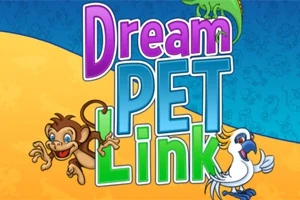 Një majmun dhe një papagall tërheqës me tekstin Dream PET Link në sfond me ngjyrë të kaltër dhe të verdhë
