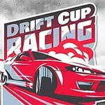 Makina e kuqe drifting me tekstin Drift Cup Racing mbi një sfond me tym