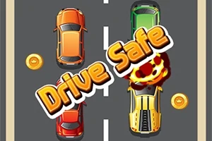 Një rrugë me tre makina të ngjyrosura, njëra prej tyre duke u përplasur, me monedha dhe tekstin Drive Safe