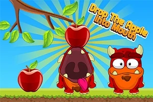 Dy krijesa karikature portokalli qëndrojnë në një peizazh të gjelbër nën një degë me një mollë të kuqe të varur dhe një mollë tjetër pranë tyre, me tekstin Drop The Apple Into Mouth në sfond