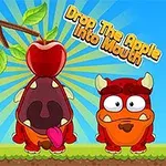 Dy krijesa karikature portokalli qëndrojnë në një peizazh të gjelbër nën një degë me një mollë të kuqe të varur dhe një mollë tjetër pranë tyre, me tekstin Drop The Apple Into Mouth në sfond