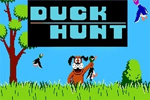 Qeni i lumtur mban një rosë të kapur, ndërsa dy rosa të tjera fluturojnë në një peizazh me bar dhe pemë, me shkronjat e mëdha DUCK HUNT lart