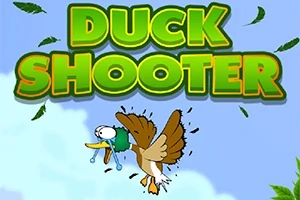 Një rosë me pamje të frikësuar fluturon në ajër me fletë të gjelbërta rreth saj, me shkronja të mëdha që thonë DUCK SHOOTER në sfond