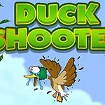 Një rosë me pamje të frikësuar fluturon në ajër me fletë të gjelbërta rreth saj, me shkronja të mëdha që thonë DUCK SHOOTER në sfond