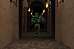 Një korridor me dritëza muri të ndezura dhe një krijesë e gjelbërt që mban shpatë duke ecur drejt