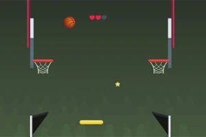 Dy tabela basketbolli të vendosura në një fushë të gjelbër, një top basketbolli në ajër dhe një yll të vogël në mes