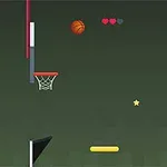 Dy tabela basketbolli të vendosura në një fushë të gjelbër, një top basketbolli në ajër dhe një yll të vogël në mes