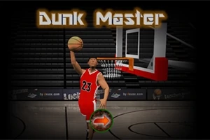 Një lojtar basketbolli me uniformë të kuqe është gati të bëjë një dunk në një oborr basketbolli me një sfond tribunë të zezë, dhe teksti Dunk Master shfaqet sipër