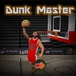 Një lojtar basketbolli me uniformë të kuqe është gati të bëjë një dunk në një oborr basketbolli me një sfond tribunë të zezë, dhe teksti Dunk Master shfaqet sipër