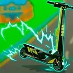 Skuter elektrik i stilizuar me efekte ndriçuese të kaltëra mbi një sfond me ngjyra të ndritshme