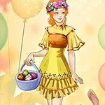 Vajzë e veshur me fustan të verdhë dhe kurorë lulesh mban një shportë me vezë, ndërsa qëndron pranë tullumbaceve shumëngjyrëshe