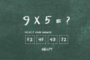 Ekran i gjelbër me një ekuacion matematikor 9 x 5 = ?