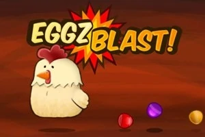 Një pulë vizatimore me sfond ngjyrë kafe dhe titulli EGGZ BLAST!