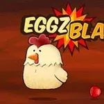 Një pulë vizatimore me sfond ngjyrë kafe dhe titulli EGGZ BLAST!