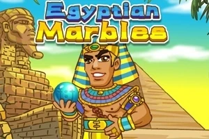 Një faraon egjiptian mban një sferë blu në sfondin e një piramide dhe sfinksi, me tekstin Egyptian Marbles në krye