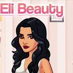 Një personazh i stilizuar me flokë të zinj dhe buzë të kuqe qëndron përpara një sfondi me dollap rrobash dhe aksesorë, me tekstin Eli Beauty në krye