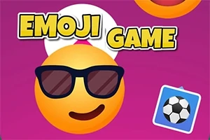 Një emoji me syze dielli në një sfond rozë me tekstin EMOJI GAME dhe një ikonë topi futbolli