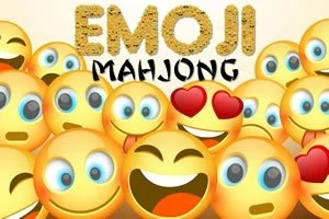 Një grup emojis me shprehje të ndryshme dhe shkronjat Emoji Mahjong në sfond