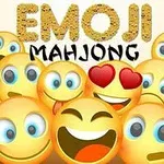Një grup emojis me shprehje të ndryshme dhe shkronjat Emoji Mahjong në sfond