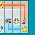 Një rrjetë me katrorë që përmban emoji me fytyrë duke puthur, kamion zjarri, unazë, dorë me celular, diamant dhe flakë, të lidhura me vijëza ngjyrash