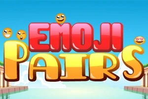 Teksti Emoji Pairs me shkronja të mëdha shumëngjyrëshe dhe emoji që qeshin në sfond të kaltrave dhe peizazhit
