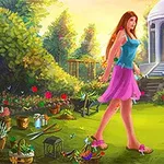 Një grua në një kopsht të ndriçuar nga dielli, e rrethuar nga lule shumëngjyrëshe dhe vegla, me një strukturë tempujsh në sfond