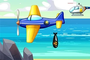 Një aeroplan blu dhe i verdhë me një helikopter në sfond mbi det, ndërsa aeroplani hedh një bombë