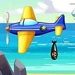 Një aeroplan blu dhe i verdhë me një helikopter në sfond mbi det, ndërsa aeroplani hedh një bombë