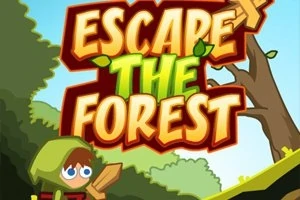 Një personazh i veshur me kapuç të gjelbër që mban një shpatë druri, me sfond pylli dhe titullin Escape the Forest