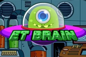 Një alien i gjelbër me një sy në një anije fluturuese të vogël përpara një sfondi laboratorik me tekstin ET BRAIN