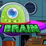Një alien i gjelbër me një sy në një anije fluturuese të vogël përpara një sfondi laboratorik me tekstin ET BRAIN
