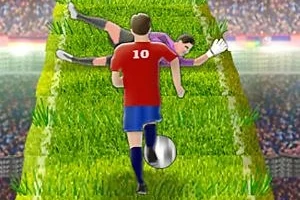 Një lojtar futbolli me fanellë të kuqe dhe numrin 10 është duke dribluar topin drejt portierit që shtrihet në tokë, në një fushë barishtore, me stadiumin mbushur me tifozë në sfond