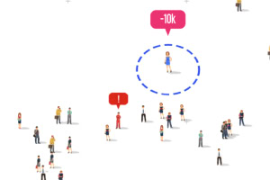 Njerëz të shpërndarë në një sfond të bardhë me një person të rrethuar nga një vijë blu pikëlluese dhe një tekst mbi kokë që tregon -10k