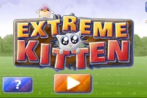 Një sfond me bar dhe qiell, me një titull të madh shumëngjyrësh EXTREME KITTEN që përmban një kotele të vogël dhe një zog të verdhë sipër, së bashku me një ikonë pyetjeje dhe një buton luajtjeje poshtë