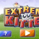 Një sfond me bar dhe qiell, me një titull të madh shumëngjyrësh EXTREME KITTEN që përmban një kotele të vogël dhe një zog të verdhë sipër, së bashku me një ikonë pyetjeje dhe një buton luajtjeje poshtë