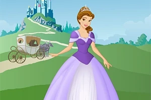 Një princeshë me fustan të purpurt dhe kurorë qëndron para një karroce me kalë, në sfond një kështjellë mbi kodër