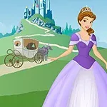 Një princeshë me fustan të purpurt dhe kurorë qëndron para një karroce me kalë, në sfond një kështjellë mbi kodër