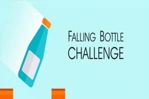 Shishe e animuar blu bie midis platformave portokalli me tekstin Falling Bottle Challenge në sfond të kaltër
