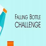 Shishe e animuar blu bie midis platformave portokalli me tekstin Falling Bottle Challenge në sfond të kaltër
