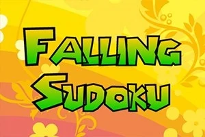 Teksti Falling Sudoku me shkronja jeshile mbi sfond portokalli me motive lulesh
