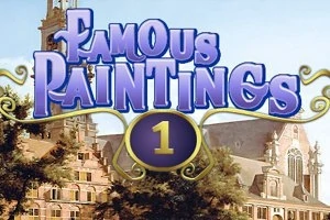 Një strukturë arkitekturore me një ndërtesë kishe dhe pemë në sfond, me titullin Famous Paintings 1 mbi të