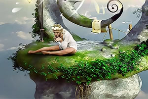 Një grua e ulur në një platformë me bar të lartë në një peizazh fantastik të natyrës me elemente spirale