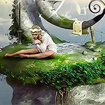 Një grua e ulur në një platformë me bar të lartë në një peizazh fantastik të natyrës me elemente spirale