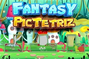 Tekst stilizuar me ngjyra të ndezura mbi një sfond me kërpudha dhe shtëpiza fantastike