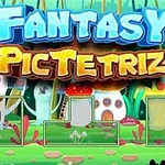 Tekst stilizuar me ngjyra të ndezura mbi një sfond me kërpudha dhe shtëpiza fantastike