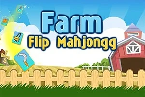 Fjalët Farm Flip Mahjongg përpara një peizazhi fermash me gardh dhe hambar në sfond, me karta që fluturojnë përreth