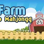 Fjalët Farm Flip Mahjongg përpara një peizazhi fermash me gardh dhe hambar në sfond, me karta që fluturojnë përreth